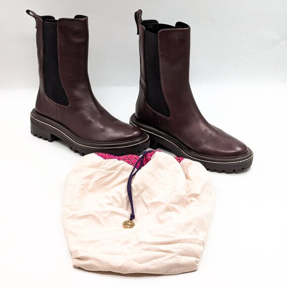 Tory Burch Women Benton Chelsea Stretchy Burgundy Leather Lug Ankle Boots sz 8 - Picture 6 of 11